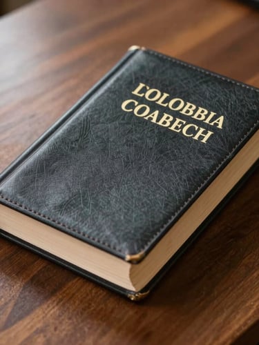 Close-up of a dark leather-bound Colombian legal code book resting on a polished mahogany desk, warm natural side light.