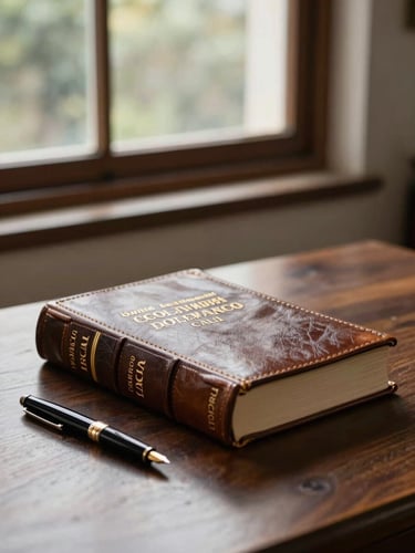 Soft natural daylight filtering through a tall window onto an organized dark wood desk in Barrio San Fernando, Cali. A classic leather-bound Colombian law volume sits open next to a fountain pen, shallow depth of field.