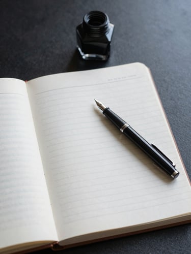Close overhead view of a writer's desk — open manuscript pages, a fountain pen resting on ruled paper, a small ink pot, natural north-facing daylight, cool and clear, no shadows, editorial stillness
