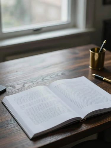 Wide editorial workspace seen from above — open manuscript pages spread across a dark wooden desk, a few handwritten margin notes visible, a single brass pen holder to the right, cool overcast daylight from a north-facing window, generous negative space on the left