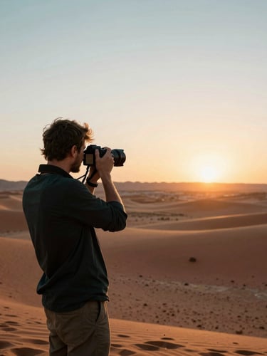 Dynamic environmental portrait of a travel creator with a camera at sunset, overlooking a vast terracotta desert valley, warm golden-hour light, 35mm film style