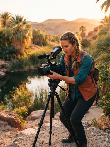 Dynamic environmental portrait of a professional travel creator filming with a high-end camera during golden hour in a desert oasis, warm backlighting, deep teal and terracotta tones, shallow depth of field.