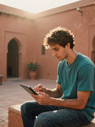 Environmental portrait of a travel creator reviewing campaign metrics on a tablet, sitting in a warm terracotta-walled courtyard in Marrakech, soft golden hour sun backlighting, 35mm film style