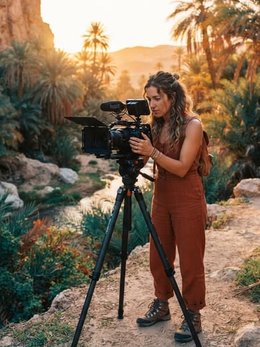 Dynamic environmental portrait of a travel creator filming with a professional camera during golden hour in a desert oasis, warm backlighting, shallow depth of field, 35mm film style.