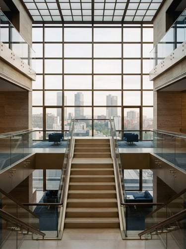 Symmetrical architectural detail of a prestigious modern office building in Madrid, soft natural window light, muted navy and champagne tones, 35mm