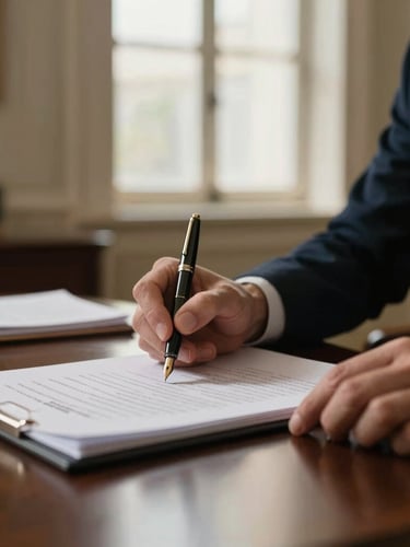 Close-up of professional hands reviewing legal documents with a classic fountain pen, elegant corporate office interior, warm low-contrast lighting, 35mm.