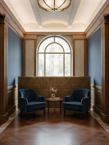 Symmetrical architectural detail of a prestigious corporate office in Madrid, soft natural window light, muted navy and champagne tones, 35mm