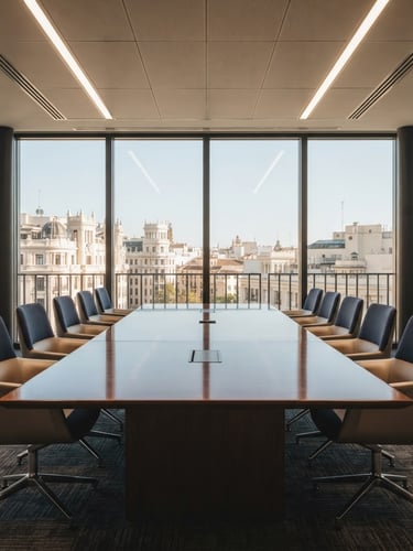 Symmetrical architectural shot of a modern, prestigious law firm boardroom in Madrid, soft natural window light reflecting on a dark polished oak table, muted navy and champagne tones, 35mm.