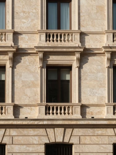 Symmetrical architectural detail of a prestigious historical office building facade in Madrid, warm champagne stone, soft natural window light, elegant clean lines, 35mm
