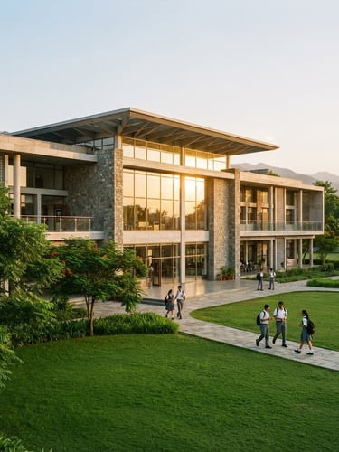 Bright editorial photography of a modern Indian school building with clean architectural lines, warm golden-hour sunlight reflecting off large windows, green manicured lawns in the foreground, 35mm.