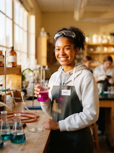 Bright editorial photography of a high school student smiling in a sunlit science laboratory, holding a beaker with colorful liquid, warm golden-hour tones, 35mm, shallow depth of field