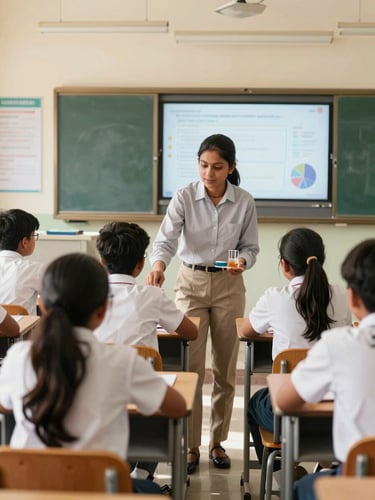 Bright editorial photography of a modern Indian school classroom, a teacher guiding students through a science experiment with smartboard in background, natural daylight, 35mm