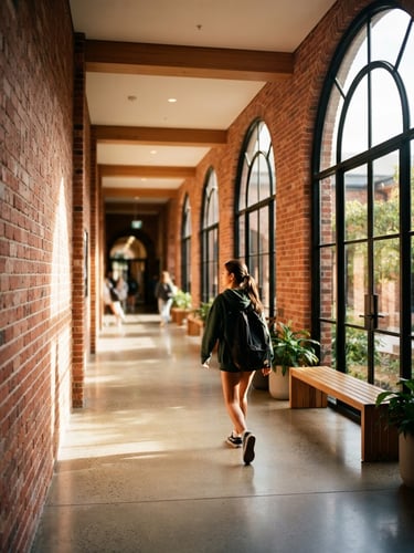 Bright editorial photography of a modern school brick corridor with sunlight streaming through large arch windows, shallow depth of field, 35mm.