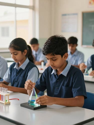 Bright interior of a modern school science laboratory, Indian students in clean navy uniforms conducting a physics experiment with prisms under soft natural window light, shallow depth of field