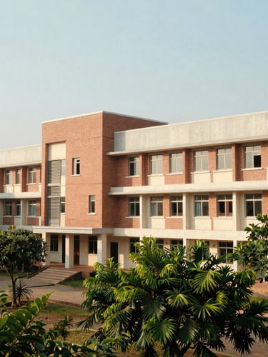 Wide environmental shot of the modern brick and concrete architecture of Golden Jubilee School campus in Jalna, bright daylight, green trees, 35mm
