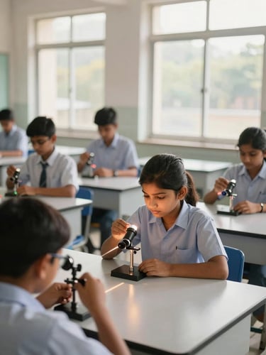 Bright modern school science laboratory, Indian students in clean uniforms conducting a physics experiment with lenses and light beams, natural daylight from large windows, shallow depth of field