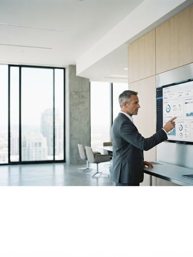 Modern architectural office space, clean lines, high-end analytical dashboard on a large monitor, bright natural daylight, cool desaturated tones, sharp focus, editorial 35mm. A professional executive interacts with technology on the right side, generous negative space on the left.