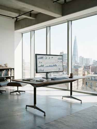 Wide shot of a modern, minimalist office space with large windows, a sleek desk with a high-end analytical dashboard displayed on a monitor, cool desaturated tones, architectural daylight, editorial 35mm.