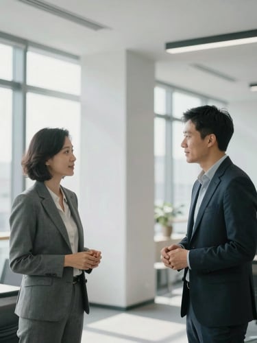Professional, candid executive interaction in a modern, architecturally clean office space, cool desaturated tones, bright natural light, sharp focus, editorial 35mm.