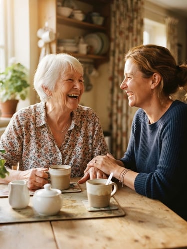 Warm, natural photo of a senior woman and a caregiver woman laughing together over coffee at a sunlit kitchen table, hands gently touching, shallow depth of field, rich golden tones.