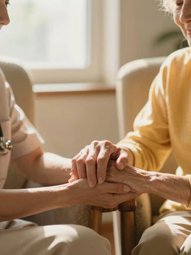 Warm editorial photograph, soft natural window light, rich golden tones, shallow depth of field, 35mm lens, a compassionate caregiver (female, 40s, kind smile) gently holding the hand of an elderly woman (80s, serene expression) sitting in a comfortable armchair in a bright, inviting home interior, focus on their hands, background slightly blurred.