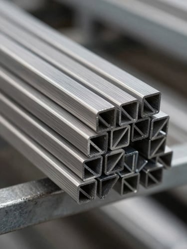 Close-up macro shot of stainless steel bar stock ends arranged in a tight bundle on warehouse shelving, cool studio lighting revealing brushed surface finish and precise cross-section geometry, no people, shallow depth of field