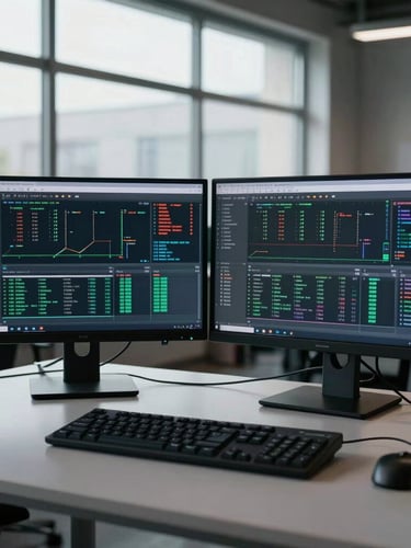 Straight-on, high-contrast photograph of a clean dual-monitor setup in a modern industrial logistics office, showing technical data grids on screen under cool natural window light.
