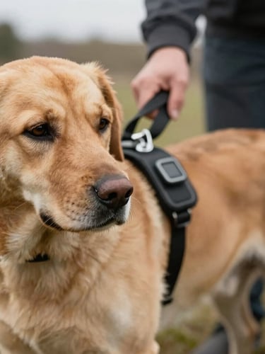 Close-up of a medical alert dog gently pulling a small handle attached to a person's belt, indicating an alert. The dog's focus is on the person, with soft outdoor overcast light, shallow depth of field. Focus on the connection and the specific alert mechanism, rich earthy tones.