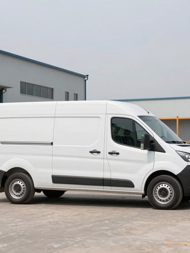 Industrial commercial photography, bright overcast daylight, clean white utility van parked on a modern construction site, side profile showing cargo capacity, 35mm lens