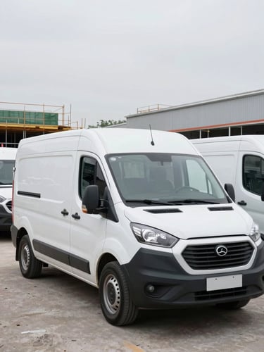 Industrial commercial photography, bright overcast daylight, a clean white utility van parked at an active construction site, realistic colors, 35mm lens