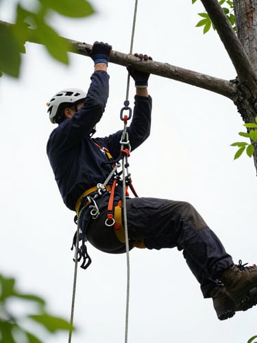 Professional arborist suspended in high canopy cutting a branch with surgical precision, ropes and harness visible, daylight, close-up details