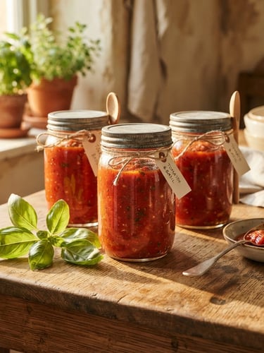 Rustic glass jars of tomato and basil pasta sauce on a wooden table, warm afternoon sunlight streaming in, fresh basil leaves nearby, shallow depth of field, 35mm