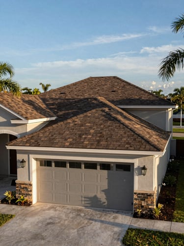 Wide environmental shot of a freshly completed shingle roof on a single-story Florida home, photographed in warm late-afternoon daylight from the driveway angle, showing the full roofline against a blue sky with palm fronds in the far corner