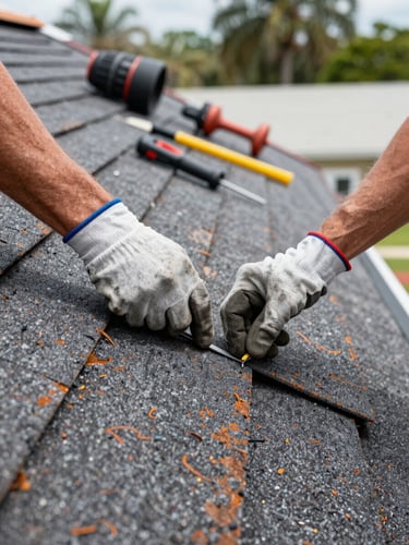 Close-up of a roofer's gloved hands nailing down a shingle on a residential roof mid-repair, tools and roofing felt visible in the background, natural Florida daylight, documentary framing showing the actual work in progress