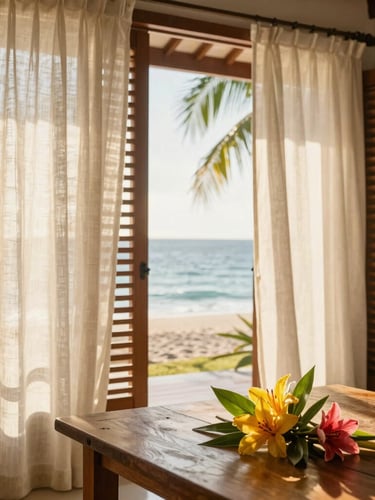 Bright, airy Mauritian villa interior showing a wooden table with fresh tropical flowers, soft linen curtains catching a gentle sea breeze, golden daylight filtering through wooden shutters, warm coastal editorial.