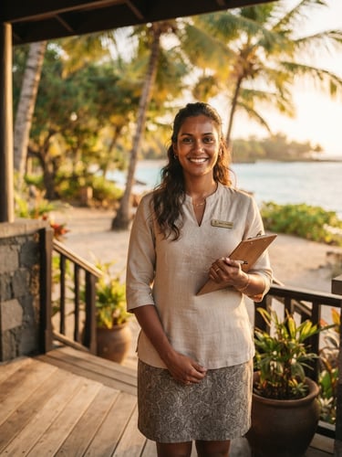 Warm natural portrait of a professional female concierge standing in a sun-drenched Mauritian veranda, golden hour tropical daylight, soft sand and palm green tones, shallow depth of field