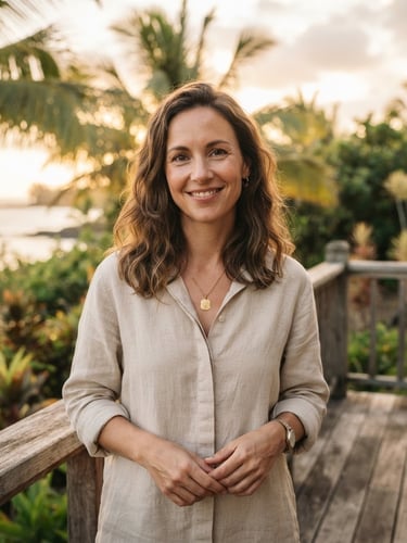 A warm, natural portrait of a professional woman in her late 30s, smiling gently, standing on a sun-drenched wooden veranda in Mauritius, tropical palm leaves softly blurred in the background, golden hour daylight, coastal editorial style.
