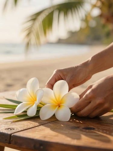 Close-up of hands placing fresh tropical flowers on a natural wooden table, warm Mauritian sunlight, soft focus background.