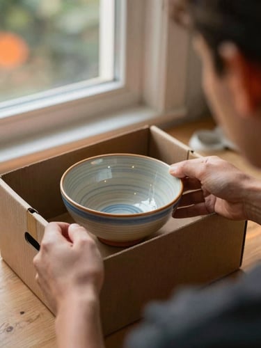 An over-the-shoulder shot of an artisan packing a beautiful handmade ceramic bowl into a shipping box, warm natural window light, sunset orange accent details, shallow depth of field, 35mm film style