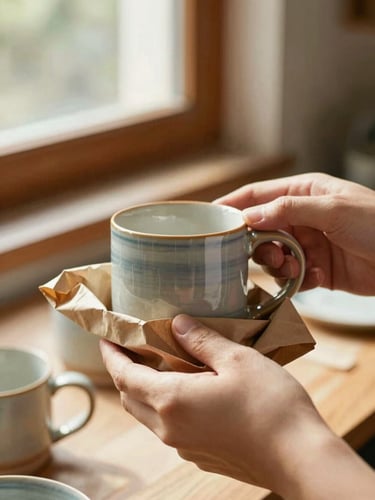 A close-up of hands carefully wrapping a handmade ceramic mug in kraft paper inside a sunlit home studio, warm window light, shallow depth of field