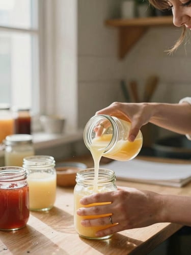 A woman with a warm smile pouring liquid wax into glass jars in a bright, organized home workshop, natural window light illuminating her hands, shallow depth of field.