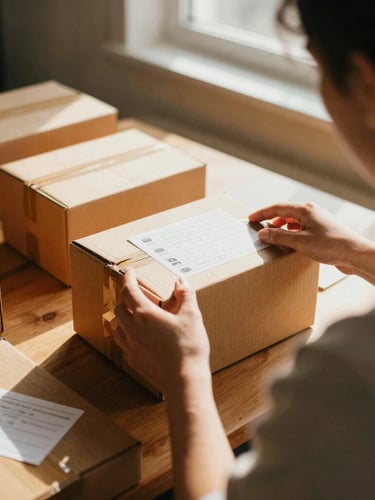 An over-the-shoulder shot of an artisan organizing shipping boxes with printed labels in a cozy home workspace, soft domestic shadows, warm natural light