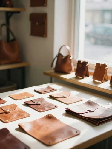 A small business owner photographing handmade leather goods near a bright window studio, natural domestic shadows, warm tones, shallow depth of field