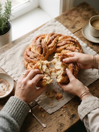 Overhead flat-lay of a warm kitchen table, hands tearing a soft golden Rosca de Canela, crumbs on a rustic linen cloth, soft morning window light, 35mm film