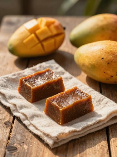 A close-up of golden-hour sunlight hitting a rustic wooden table set with ripe mangoes and traditional taiada sweets on raw linen fabric.
