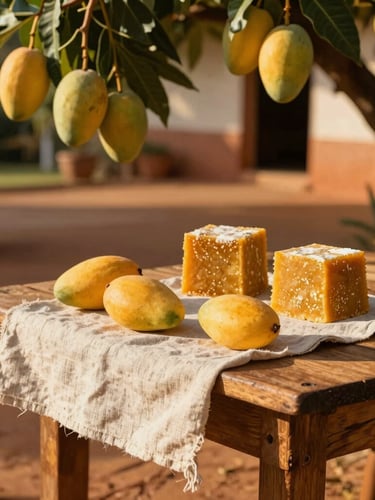 A rustic wooden table set outdoors in a rural Brazilian yard under a mango tree, raw linen cloth, fresh yellow mangoes, and blocks of artisanal taiada, warm golden sunlight.
