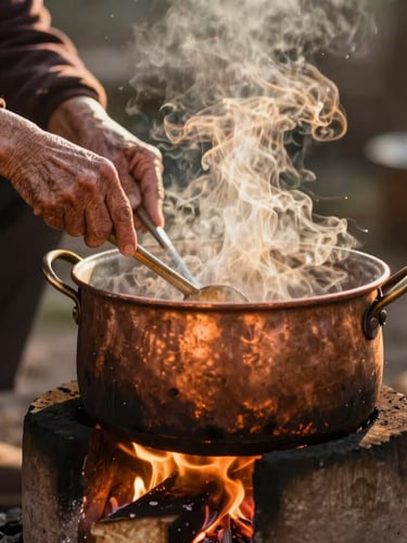 An elderly woman with warm, wrinkled hands stirring a large copper pot over an open wood fire, golden hour light filtering through smoke