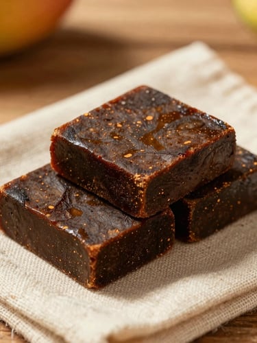 Glistening dark brown artisanal taiada blocks resting on raw linen fabric, warm golden-hour light, rustic wooden table background, shallow depth of field.