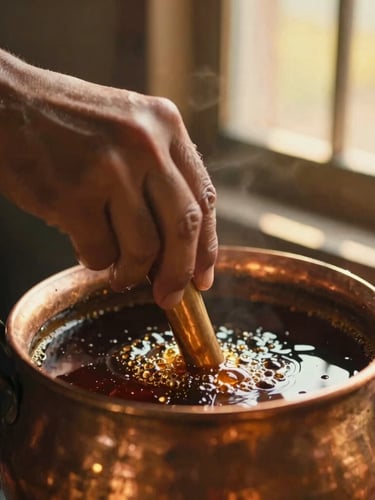 Close-up of weathered hands slowly stirring bubbling dark molasses in a traditional copper pot, warm golden hour sunlight filtering through rustic window, shallow depth of field, 35mm film.