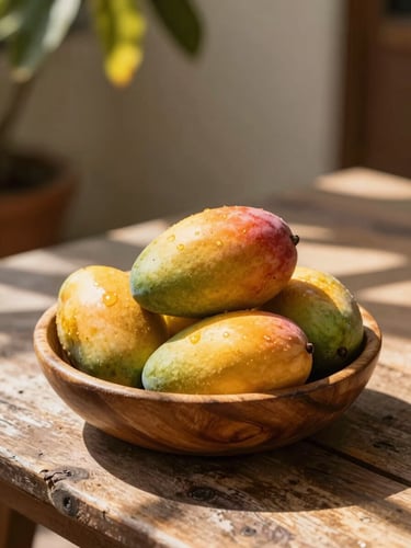 A rustic wooden bowl filled with ripe, colorful mangoes on a weathered outdoor table, dappled sunlight filtering through leaves, warm and inviting atmosphere.